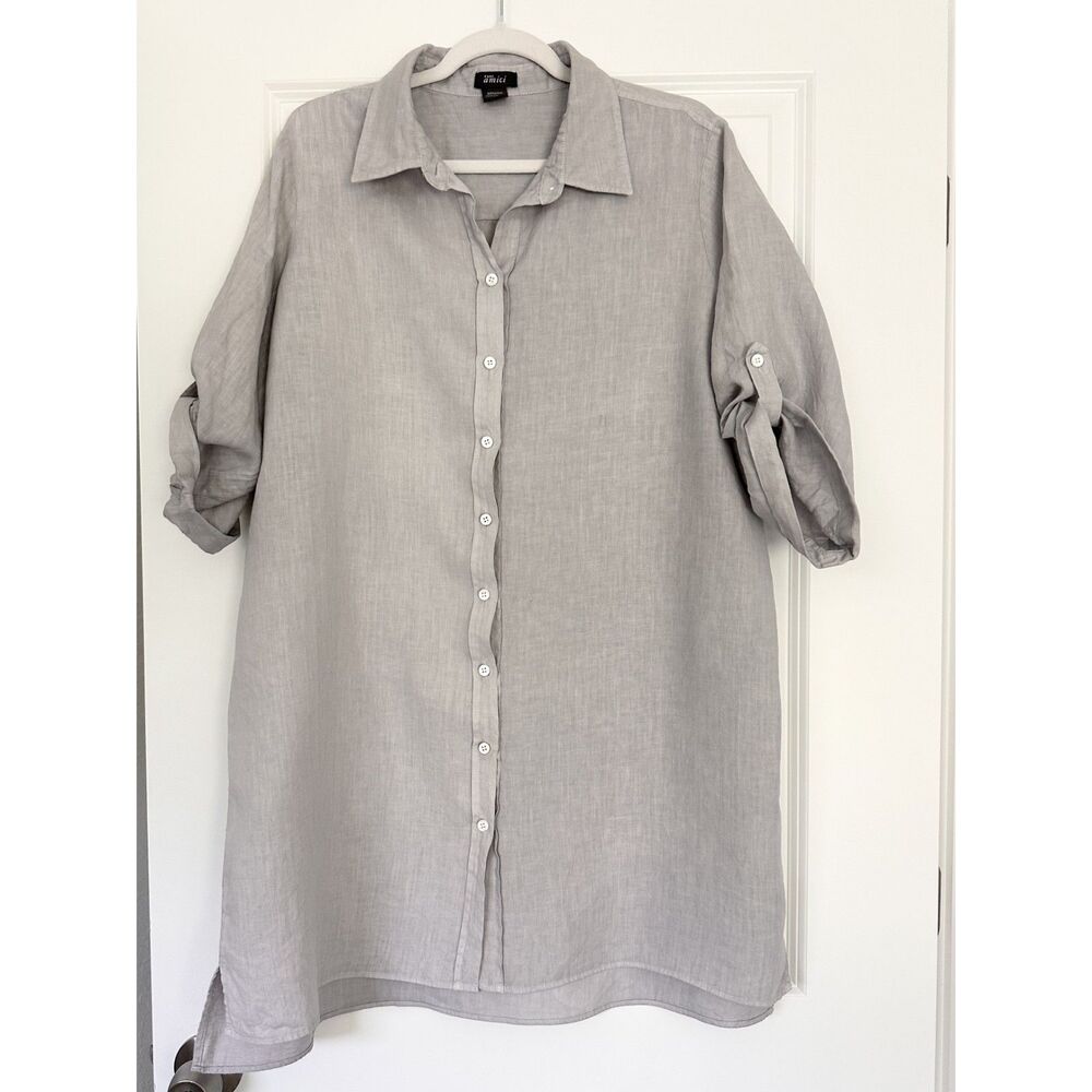 Pure Amici 100% Linen Shirt Dress Womens XL Gray Button Front Roll Tab Sleeves